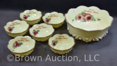 Custard Glass Diamond Peg Krystol 7 pc. berry set, roses decoration - 3