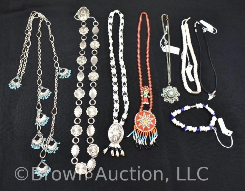 Assortment of costume jewelry incl. shell, beaded, conch belt, etc.