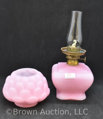 Pink satin 7" miniature oil lamp with artichoke shade - 5