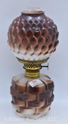 Milk glass with fired-on brown paint 7"h oil lamp - 2