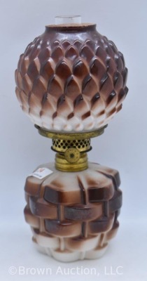 Milk glass with fired-on brown paint 7"h oil lamp - 3