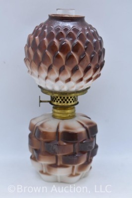 Milk glass with fired-on brown paint 7"h oil lamp - 4