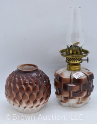 Milk glass with fired-on brown paint 7"h oil lamp - 6