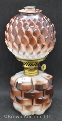 Milk glass with fired-on brown paint 7"h oil lamp - 9