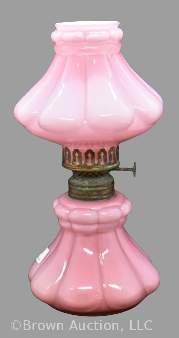Pink cased glossy 8" miniature oil lamp, raised panels design