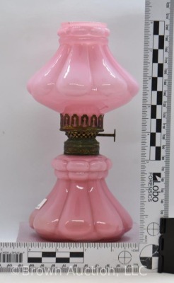 Pink cased glossy 8" miniature oil lamp, raised panels design - 9