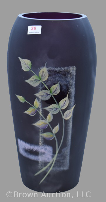 Fenton Art Glass 11.5" vase, hp green leaves on very dark amethyst