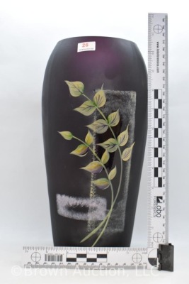 Fenton Art Glass 11.5" vase, hp green leaves on very dark amethyst - 8