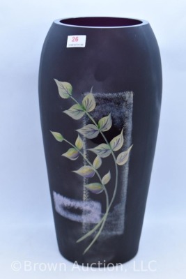 Fenton Art Glass 11.5" vase, hp green leaves on very dark amethyst - 9