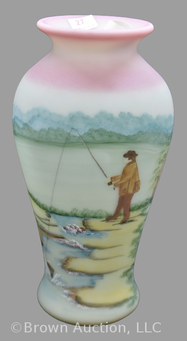 Fenton Burmese Art Glass 9.5" vase featuring man fishing