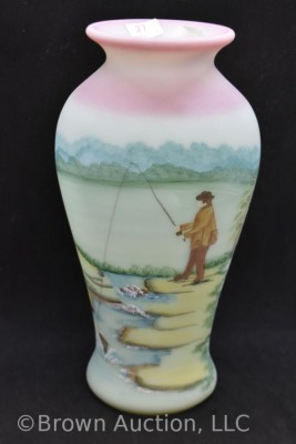 Fenton Burmese Art Glass 9.5" vase featuring man fishing - 2