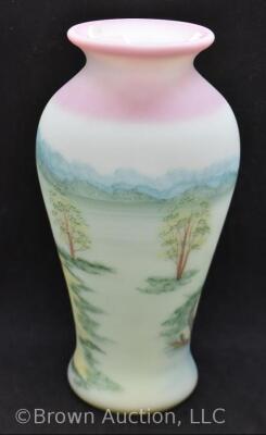 Fenton Burmese Art Glass 9.5" vase featuring man fishing - 3