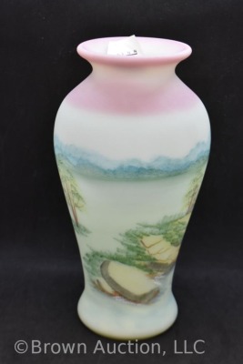 Fenton Burmese Art Glass 9.5" vase featuring man fishing - 4