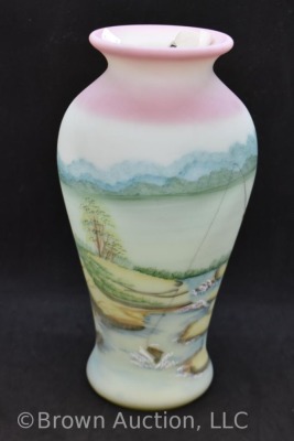 Fenton Burmese Art Glass 9.5" vase featuring man fishing - 5