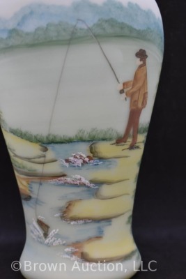 Fenton Burmese Art Glass 9.5" vase featuring man fishing - 6