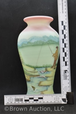 Fenton Burmese Art Glass 9.5" vase featuring man fishing - 9