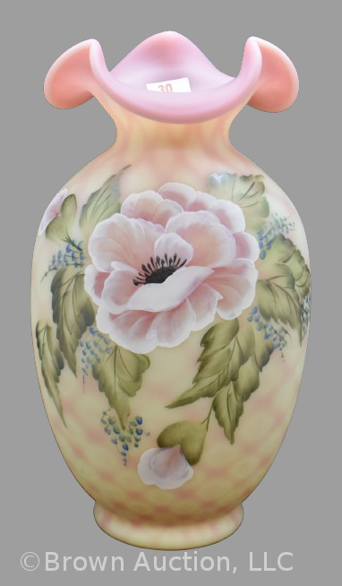 Fenton Burmese Art Glass 10" Diamond Optic vase, Rose Poppies