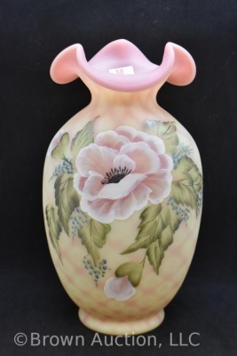 Fenton Burmese Art Glass 10" Diamond Optic vase, Rose Poppies - 2