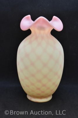 Fenton Burmese Art Glass 10" Diamond Optic vase, Rose Poppies - 4