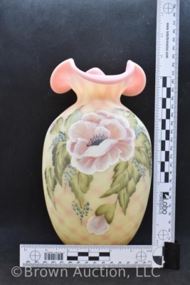 Fenton Burmese Art Glass 10" Diamond Optic vase, Rose Poppies - 8