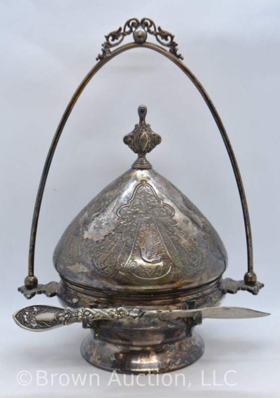 Victorian silverplate domed butter dish with knife