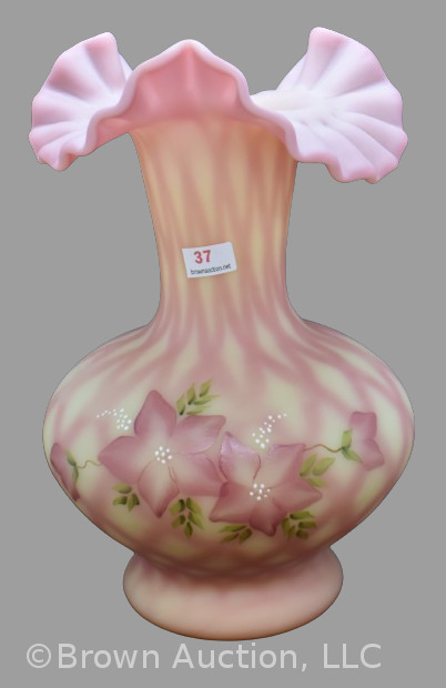 Fenton Burmese Art Glass 10" Diamond Optic vase, HP flowers