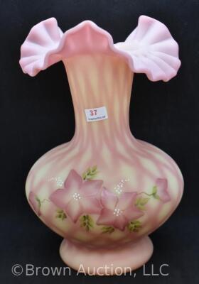 Fenton Burmese Art Glass 10" Diamond Optic vase, HP flowers - 2