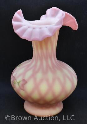 Fenton Burmese Art Glass 10" Diamond Optic vase, HP flowers - 3