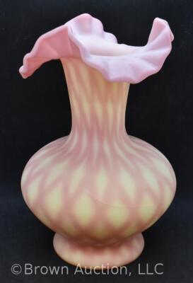 Fenton Burmese Art Glass 10" Diamond Optic vase, HP flowers - 4