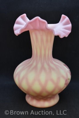 Fenton Burmese Art Glass 10" Diamond Optic vase, HP flowers - 5