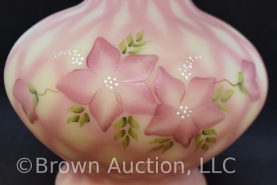 Fenton Burmese Art Glass 10" Diamond Optic vase, HP flowers - 6