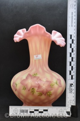 Fenton Burmese Art Glass 10" Diamond Optic vase, HP flowers - 9