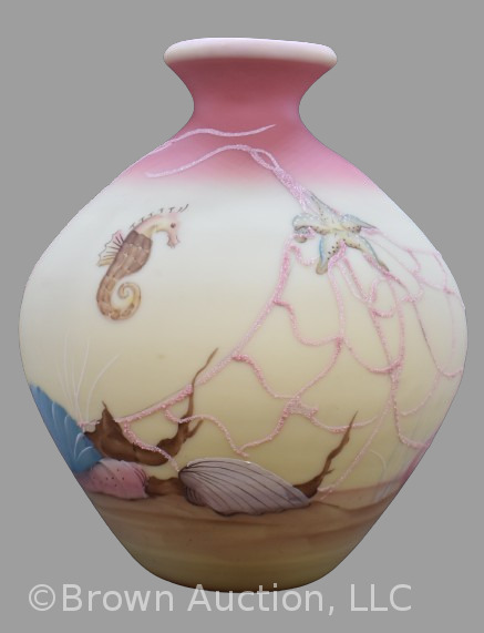 Fenton Burmese Art Glass 8" vase, Sea Dreams, artist signed