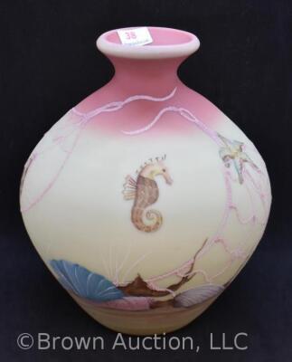 Fenton Burmese Art Glass 8" vase, Sea Dreams, artist signed - 2