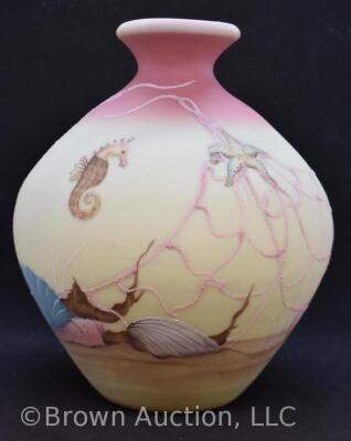 Fenton Burmese Art Glass 8" vase, Sea Dreams, artist signed - 6