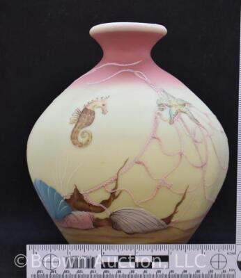 Fenton Burmese Art Glass 8" vase, Sea Dreams, artist signed - 8