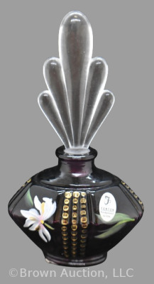 Fenton Art Glass HP 7" perfume bottle, amy. with clear stopper