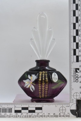 Fenton Art Glass HP 7" perfume bottle, amy. with clear stopper - 10