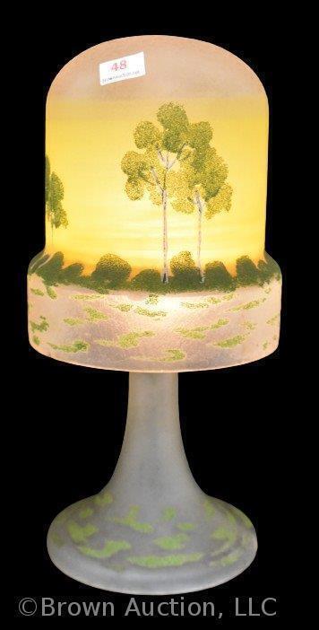 Art Glass elec. lamp with landscape of trees design. 11"h