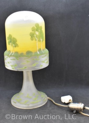 Art Glass elec. lamp with landscape of trees design. 11"h - 2