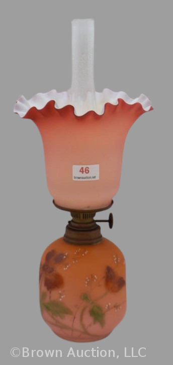 Salmon satin 8" miniature oil lamp with HP flowers on dimple-sided base
