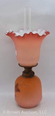 Salmon satin 8" miniature oil lamp with HP flowers on dimple-sided base - 2