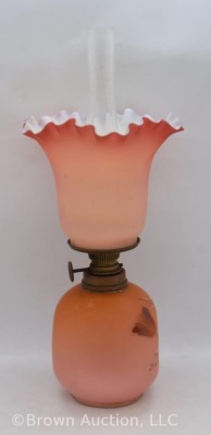 Salmon satin 8" miniature oil lamp with HP flowers on dimple-sided base - 3