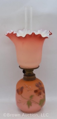 Salmon satin 8" miniature oil lamp with HP flowers on dimple-sided base - 4