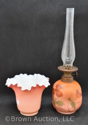 Salmon satin 8" miniature oil lamp with HP flowers on dimple-sided base - 5