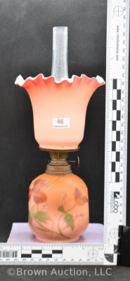 Salmon satin 8" miniature oil lamp with HP flowers on dimple-sided base - 9