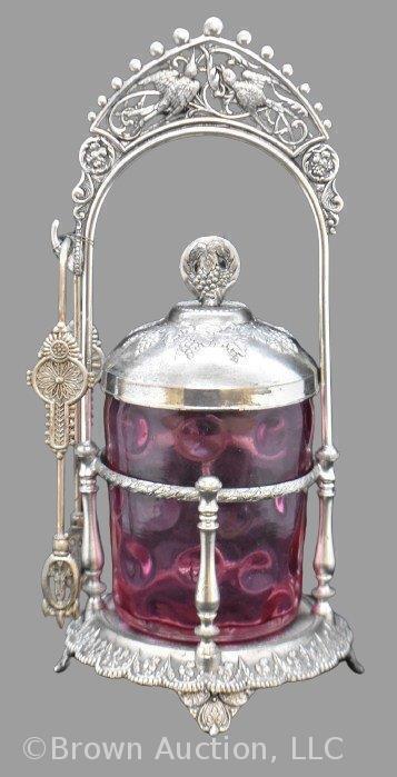 Ornate Victorian pickle castor with tongs