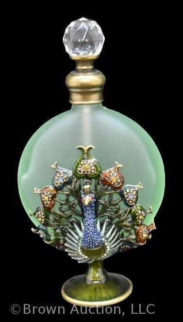 Art Deco Murano green glass perfume bottle in jeweled figural Peacock holder, 5"h
