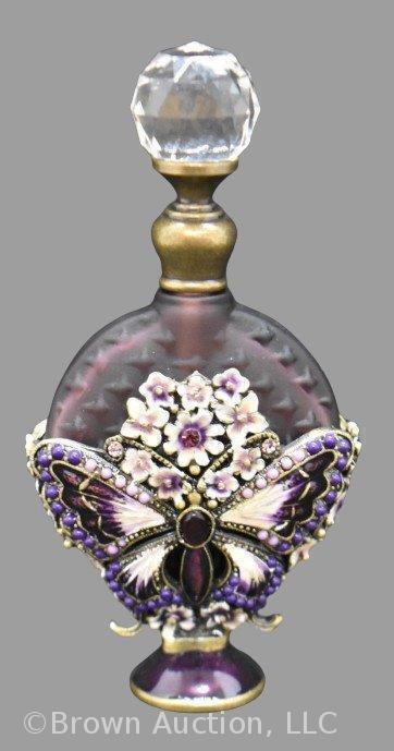Art Deco Murano amethyst glass perfume bottle in jeweled figural Butterfly holder, 3.75"h