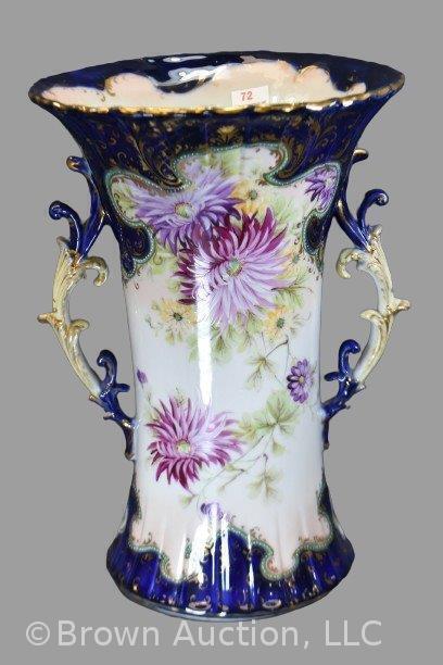 Nippon cobalt 12" vase with HP chrysanthemums